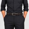 Mens genuine leather belt displaying a crocodile print in rich brown color