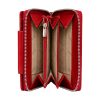 Red leather womens wallet designed with an exterior zippered compartment