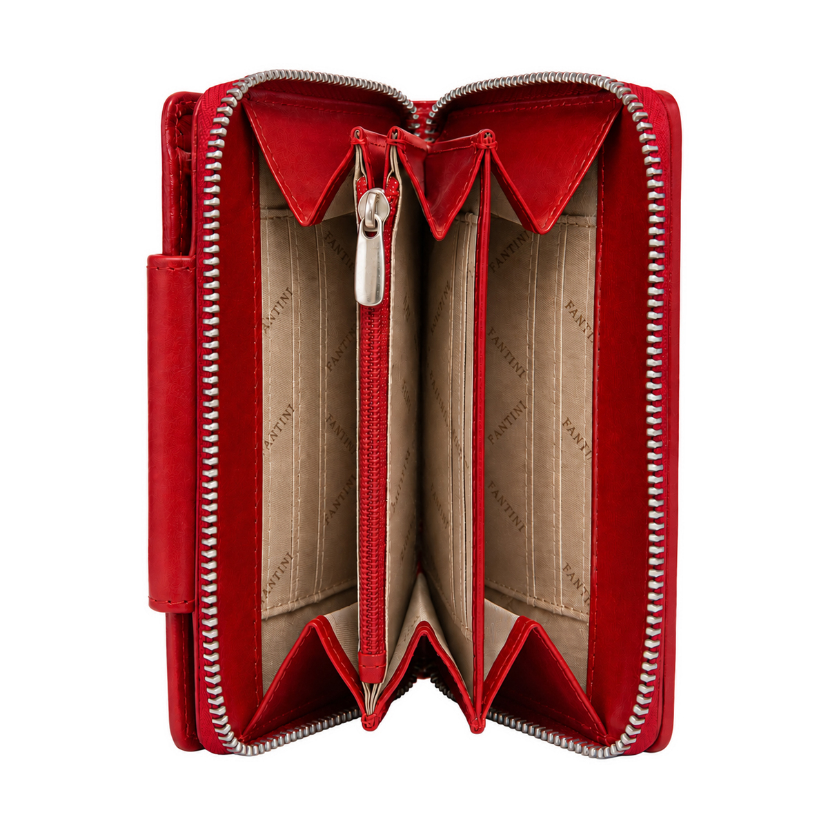 Red leather womens wallet designed with an exterior zippered compartment